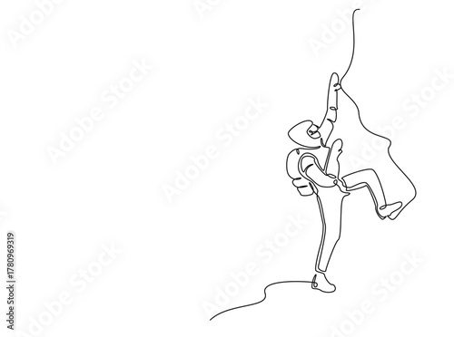 Hikers trekking outdoors with backpacks outline draw illustration. Continuous line art drawing of Mountain climber.. Editable stroke.