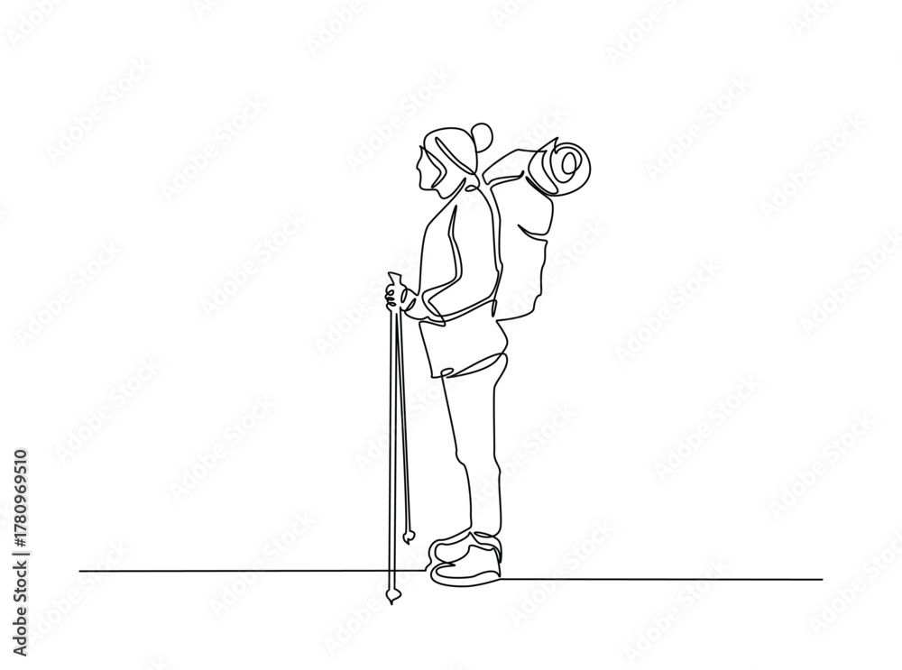 Obraz premium Hikers trekking outdoors with backpacks outline draw illustration. Continuous line art drawing of Mountain climbers trekking with sticks. Editable stroke.
