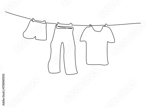 Clothes hang on laundry rope clothesline outline draw illustration. Continuous line art drawing of laundry clothesline in outdoor. Editable stroke.