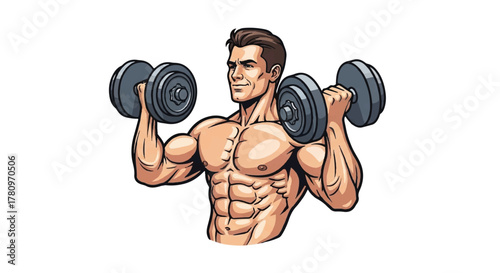 Ripped Male Bodybuilder Performing a Bicep Dumbbell Curl Exercise, Highlighting Muscle Definition and Strength Training