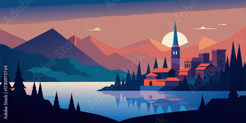 Pixelated European Village by a Lake at Dusk pixel art