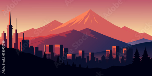Pixelated Cityscape at Sunset with Mountain urban skyline