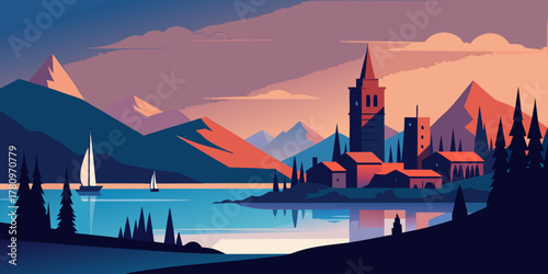 Pixelated Village with Sailboats on a Lake at Sunset