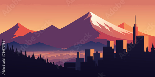 Pixelated Cityscape at Sunset with Snow- Capped Mountains