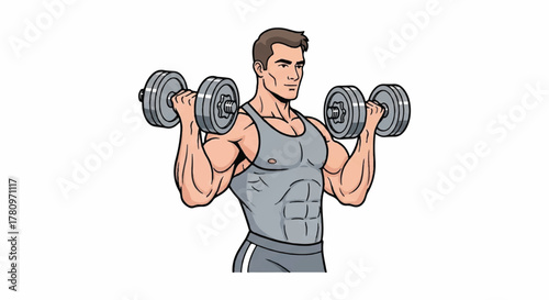 Muscular Male Bodybuilder Flexing While Holding Dumbbells, Illustrating Strength, Fitness, and Weight Training