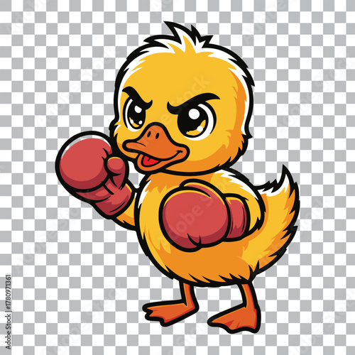 A determined yellow duckling with large, expressive eyes wears red boxing gloves and stands in a fighting stance for transparent background