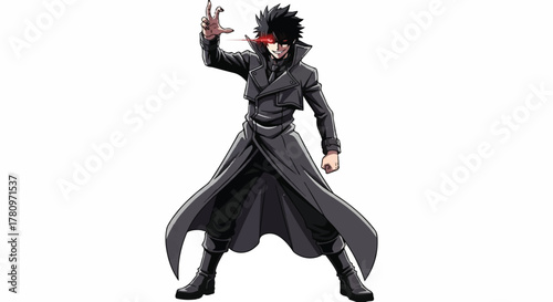 Cool Dark Anime or Manga Man Character in a Trench Coat, Striking a Dynamic Pose, Representing Action or Mystery