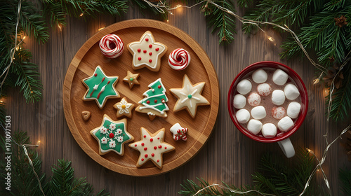 Christmas Cookies and Hot Chocolate on Wooden Table with Holiday Decorations