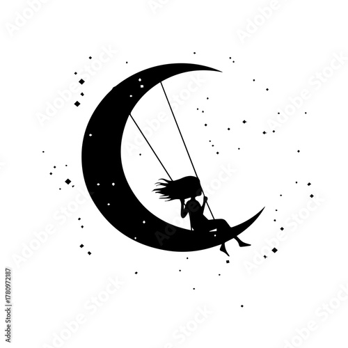 Girl on a moon swing amidst the stars a celestial dream.