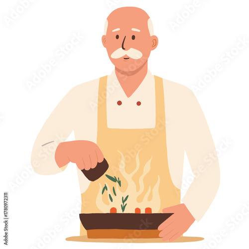 Retired chef preparing a meal. Senior cook cooking in kitchen. Elderly person stirring ingredients. Mature chef making a homemade dish. Elderly set