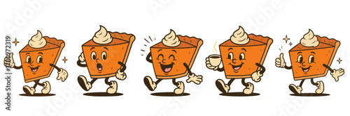 Cute vintage pumpkin pie character with whipped cream walking happily for festive thanksgiving holiday design