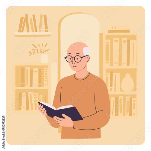 Senior man reading book. Elderly gentleman enjoying a book. Older man sitting and reading. Mature man with a paperback. Elderly set