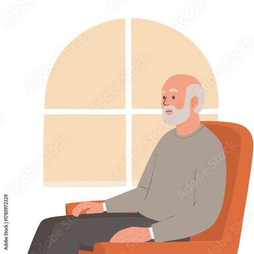 Senior man by the window. Elderly man standing near a window. Older gentleman looking through the window. Mature man pictured by window light. Elderly set