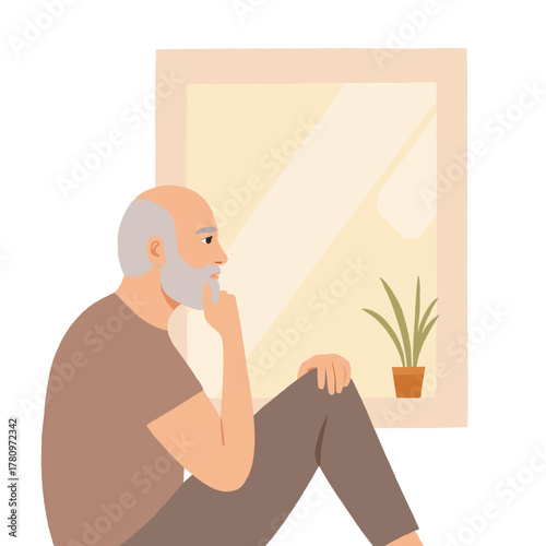 Senior man lost in thought. Pensive elderly man sitting alone. Older man in quiet contemplation. Reflective senior gentleman portrait. Elderly set
