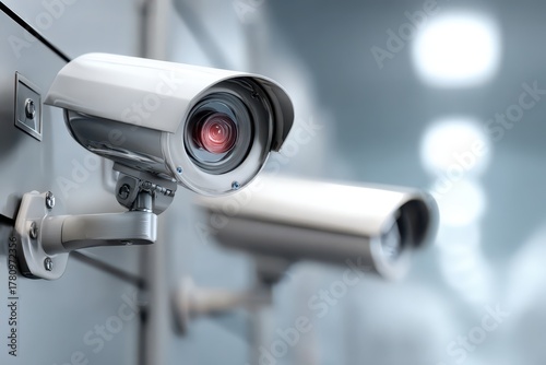 Close-up of modern surveillance cameras mounted on wall, ensuring security through advanced technology and monitoring, providing peace of mind and deterring criminal activity.