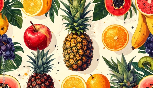 Fototapeta Naklejka Na Ścianę i Meble -  Assortment of fresh fruits pineapple, apple, papaya, banana, grapes