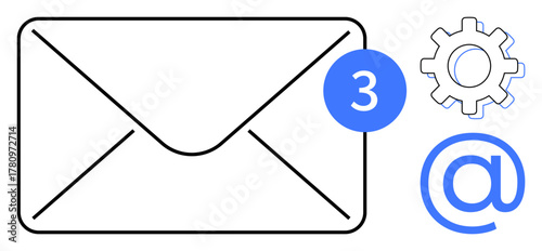 Envelope with a notification badge displaying three new messages, settings gear, and at-sign, symbolizing email, online communication, and customization. Ideal for digital messaging, notifications