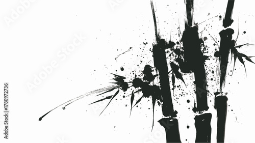 Japanese sumi-e bamboo ink illustration with expressive brushwork and artistic splatter effect on white background