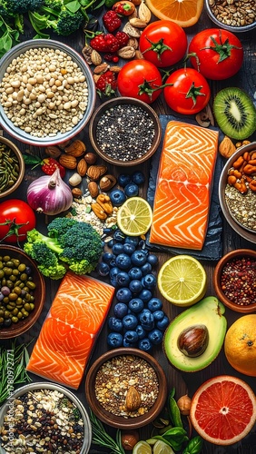 Wallpaper Mural Assortment of fresh fruits, vegetables, grains, and protein-rich seafood Torontodigital.ca