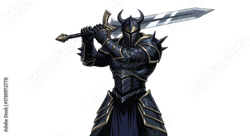 Powerful Dark Fantasy Knight or Warrior in Full Black Armor Kneeling with a Great Sword, Ready for Battle or Pledging Loyalty