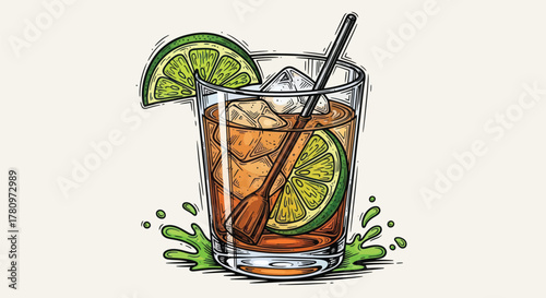 Enjoy a refreshing iced cocktail with lime garnish in a stylish glass illustration now!