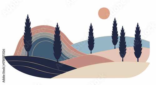 A serene abstract vector illustration showcasing rolling hills and elegant cypress trees under a warm sun, perfect for modern design aesthetics.