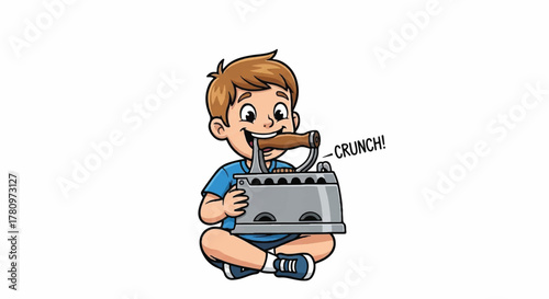 Cute Cartoon Boy Eating a Piece of Toast Popping Out of a Toaster, Illustrating Breakfast, Snack Time, or Quick Morning Meal