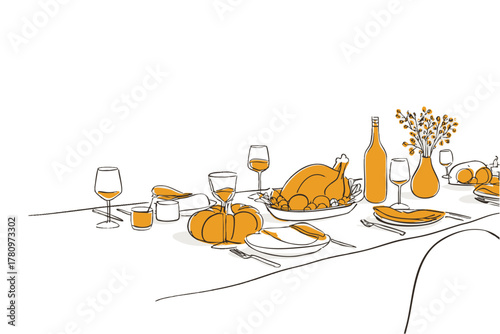 Autumn thanksgiving feast illustration with roasted turkey pumpkins wine and elegant dinner table decor