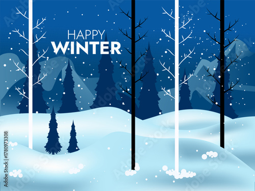 Snowy winter landscape background design. Snow in the forest winter season. Trees, pine, sun loungers and falling snow vector illustration. Christmas background.