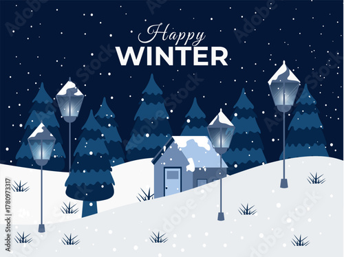 Snowy winter night landscape background design. Snow in the forest winter season. Trees, pine, sun loungers and falling snow vector illustration. Christmas background.
