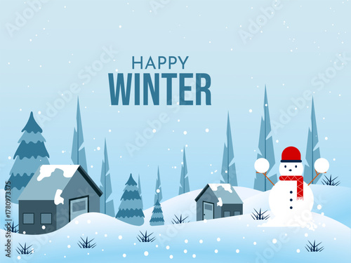 Snowy winter landscape background design. Snow in the forest winter season. Trees, pine, house, snowman, sun loungers and falling snow vector illustration. Christmas background.