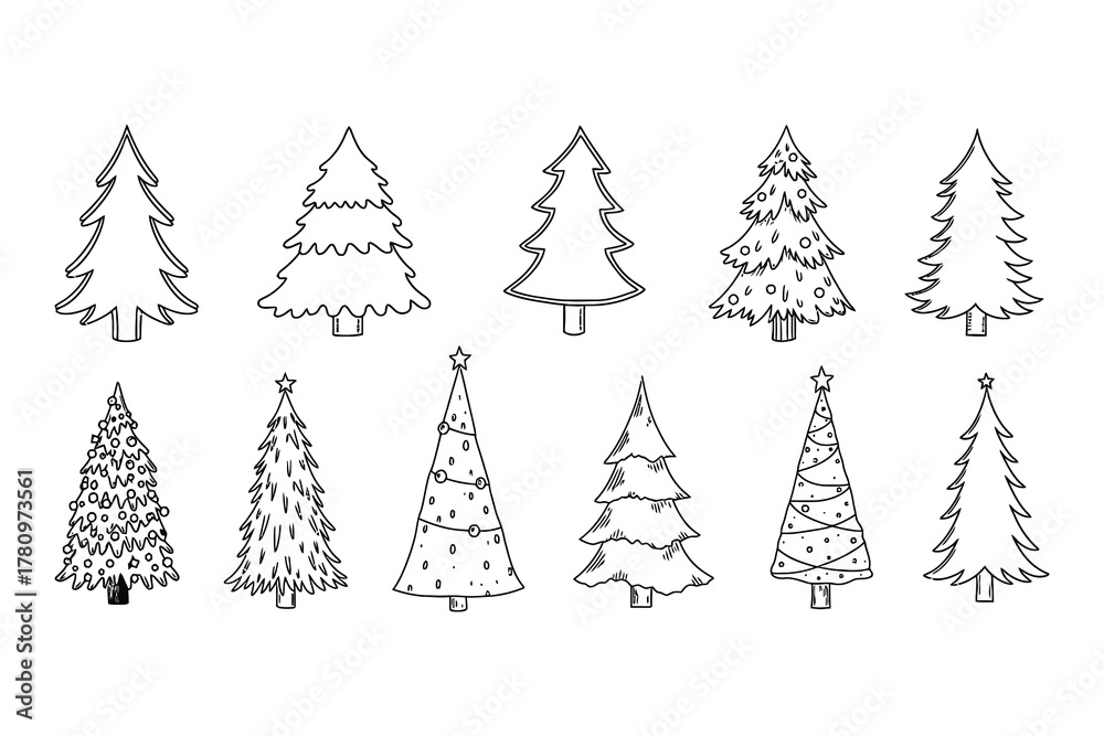 Obraz premium Collection of ten hand drawn black and white Christmas trees with varying decorations and styles