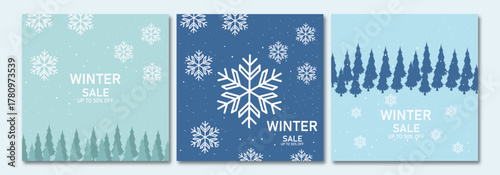 Snowy winter landscape design set of three. Snow in the forest winter season. Trees, pine, sun loungers and falling snow vector illustration. Christmas background.