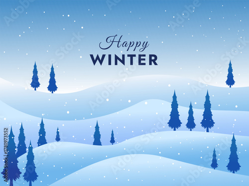 Snowy winter landscape background design. Snow in the forest winter season. Trees, pine, sun loungers and falling snow vector illustration. Christmas background.