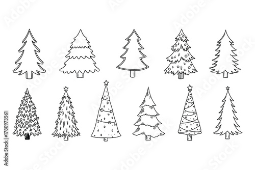 Collection of ten hand drawn black and white Christmas trees with varying decorations and styles