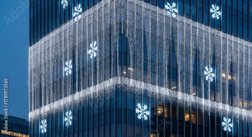 Building adorned with snowflake lights and draped in shimmering curtainlike lights against a deep blue sky
