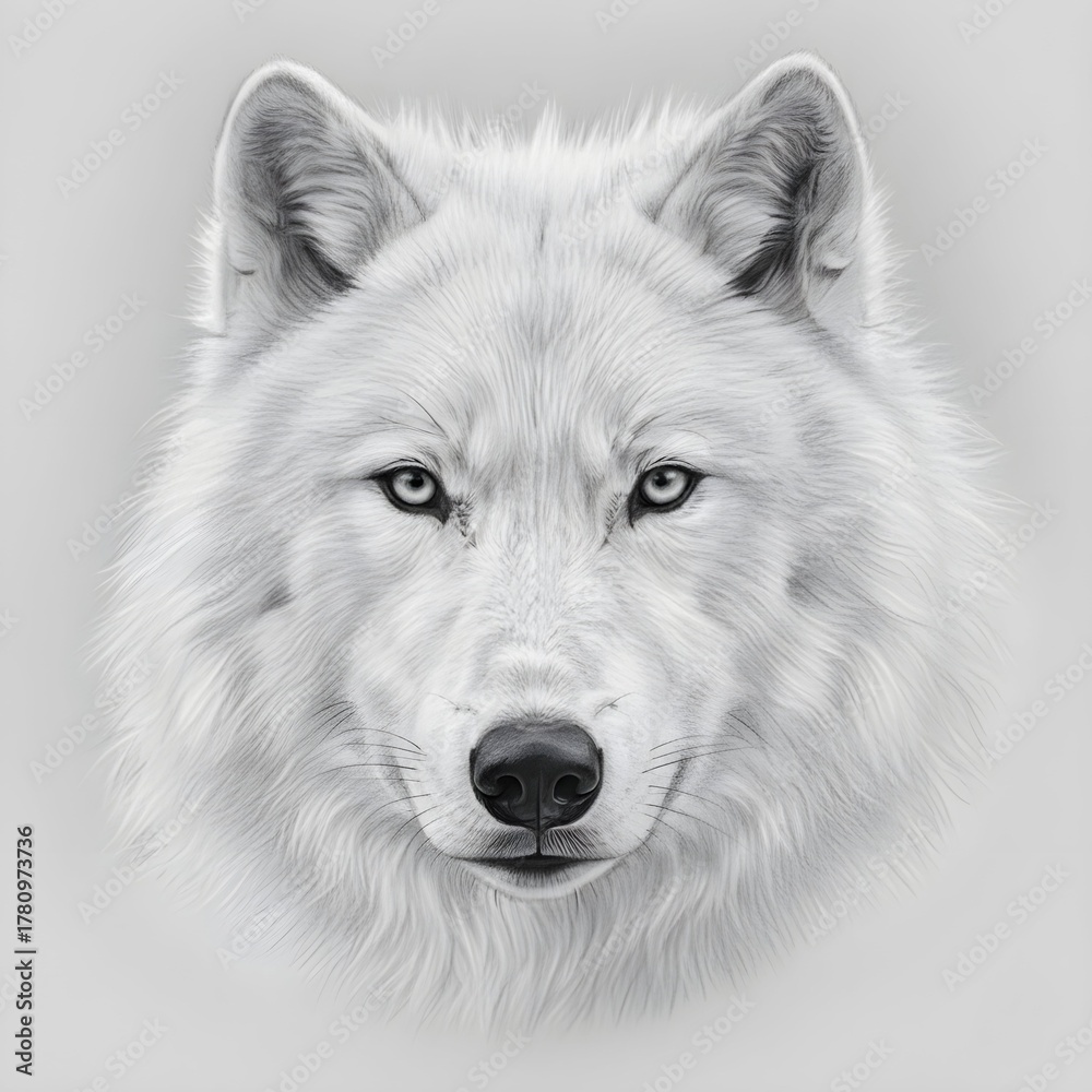 Obraz premium Intense gaze of a majestic white wolf rendered in a detailed black and white sketch