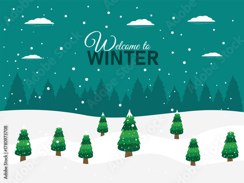 Snowy winter landscape background design. Snow in the forest winter season. Trees, pine, sun loungers and falling snow vector illustration. Christmas background.