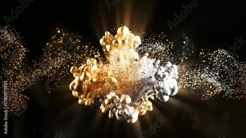 Golden and Silver Particles Flowing Abstractly in Darkness