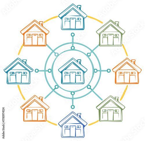 Houses interconnected in a decentralized network. Real estate blockchain and data structure.