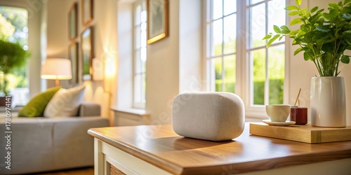 Modern Smart Home Hub & Minimalist Speaker on Console Table - Soft Ambient Light