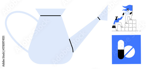 Large watering can on the left symbolizing growth. Right includes figures assisting each other to climb and a pill illustration. Ideal for teamwork, support, growth, health, collaboration, education