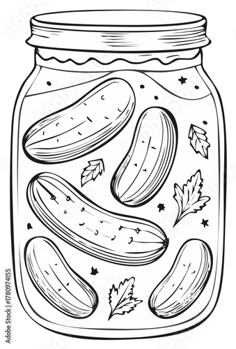 Hand Drawn Sketch of Pickles in a Jar with Dill Sprigs and Stars