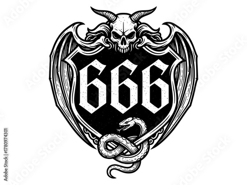 Black-and-white gothic emblem featuring "666" in a winged shield, a horned devil skull above, and a coiled serpent below — occult-inspired tattoo-ready illustration. Gothic, vintage engraving