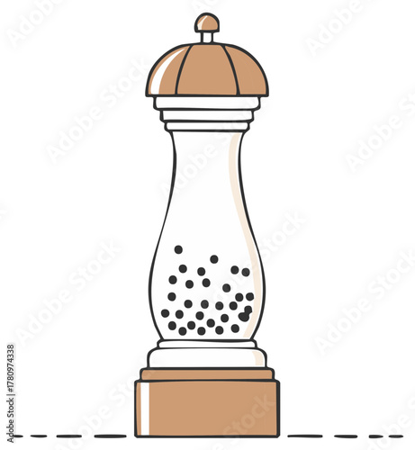 Hand drawn Pepper Grinder containing peppercorns for the dining table.