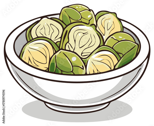 Fresh green brussels sprouts in a white bowl, healthy vegetable food ingredient vector illustration