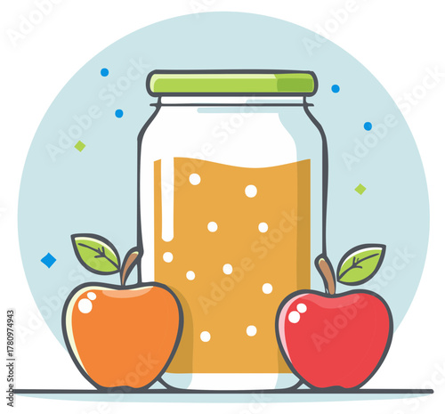 Jar of golden apple juice with whole apples and scattered confetti elements