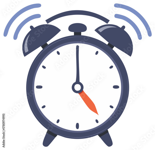 Ringing classic alarm clock illustration with sound waves and timer hands indicating urgency