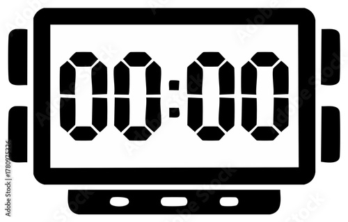 Black and white retro digital clock showing zero time a simple graphic icon for time measurement