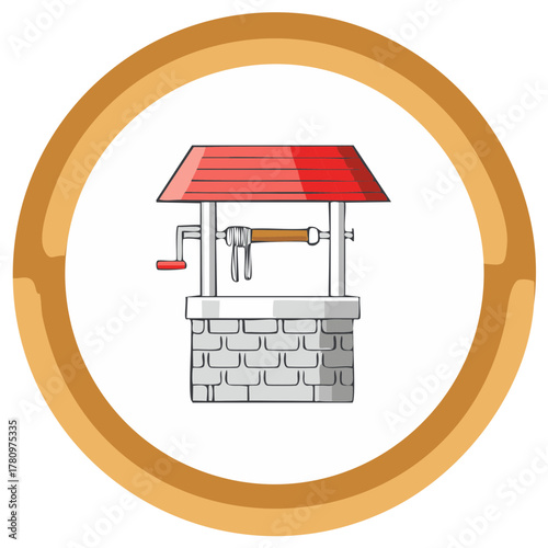 Cartoon well with red roof and crank inside a golden circle frame